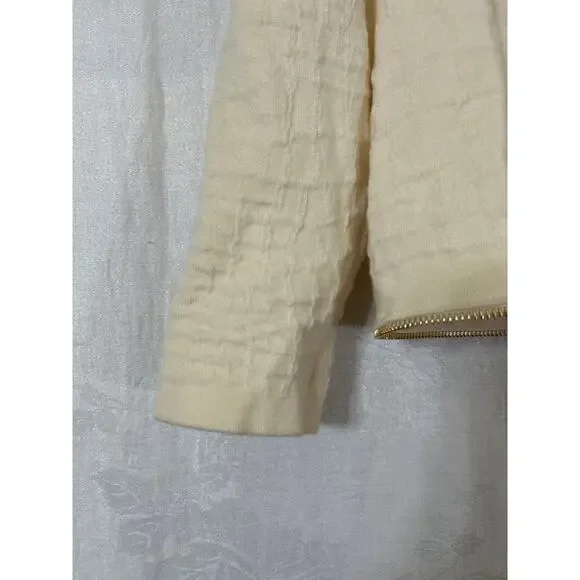 Stefan Green 2 Cardigan Sweater Merino Wool Blend Cream Gold Zip Trim Boxy - Picture 2 of 11